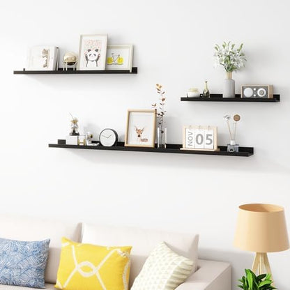 Picture Ledge Shelf, MDF Wood Floating Shelves Set of 2, Picture Ledge Photo Ledge Wall Mounted for Living Room Kids' Room Bedroom, Color Black (Black, 24in-2pcs)