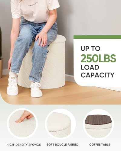 B FSOBEIIALEO Ottoman with Stroage, 17" Round Boucle Ottomans, Cream White
