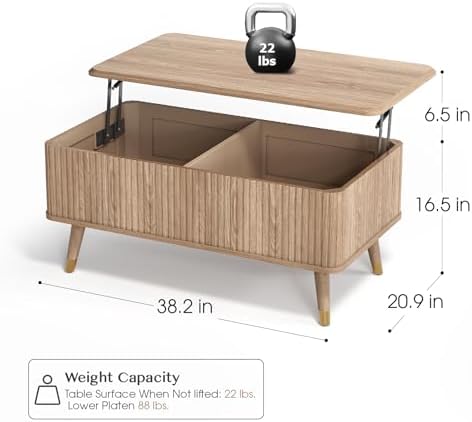 JOINICE Lift Top Coffee Table with Storage, Mid Century Modern Rectangular Center Table, Fluted Design with Hidden Compartment, Rising Desk for Work from Home, Living Room Furniture, Oak Finish