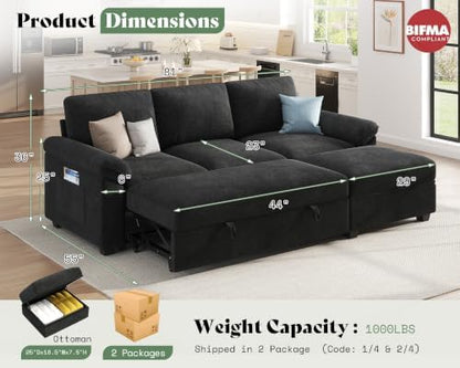 AMERLIFE 81" Sofa Bed, Sleeper Sofa with Storage, Convertible Sofa-Black