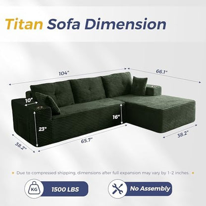 MAXYOYO Boneless Couch, 104" L-Shape Sectional Sofa, Right-Facing Chaise