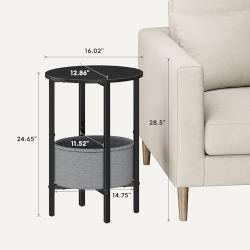 Round Side Table End Table with Storage Basket, Small Side Table Round Nightstand for Small Spaces, Tall Oval End Table with Steel Frame, Coffee Bedside Table for Living Room Bedroom, Black