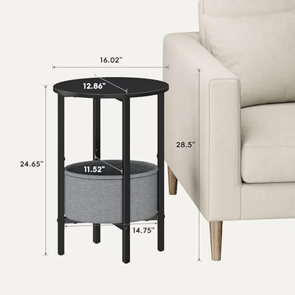 Round Side Table End Table with Storage Basket, Small Side Table Round Nightstand for Small Spaces, Tall Oval End Table with Steel Frame, Coffee Bedside Table for Living Room Bedroom, Black