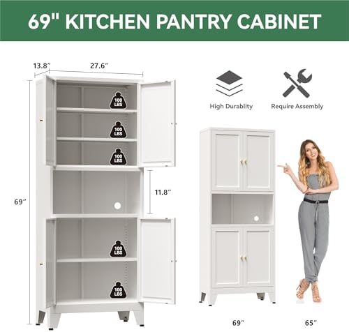 Bevivog 69" Tall Pantry Cabinet, Metal Kitchen Storage Cabinet with 4 Doors and 5 Shelves, Freestanding Metal Pantries Cupboard with Microwave Shelf for Kitchen,Dining Room,Bathroom,Laundry