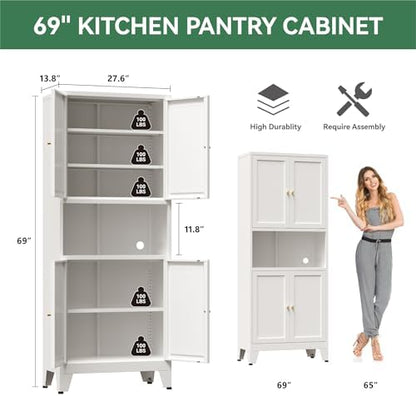 Bevivog 69" Tall Pantry Cabinet, Metal Kitchen Storage Cabinet with 4 Doors and 5 Shelves, Freestanding Metal Pantries Cupboard with Microwave Shelf for Kitchen,Dining Room,Bathroom,Laundry
