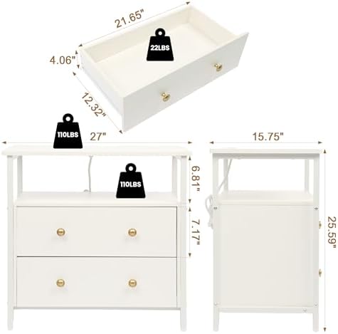 27" Wide Nightstand with Charging Station & 2 Drawer, White