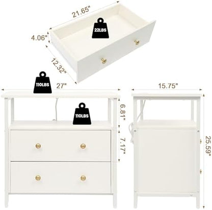 27" Wide Nightstand with Charging Station & 2 Drawer, White