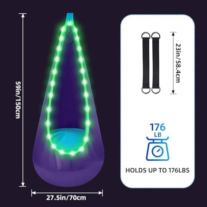 Light Up Kids Pod Swing, Cotton Hammock w/LED, Indoor Outdoor Deep Purple