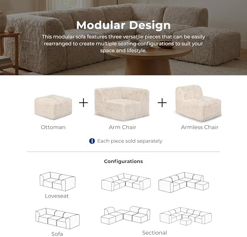 Furniture of America Havyn Modern Faux Fur 1-Seater Square Modular Foam Ottoman, Compressed Couch in a Box, No Assembly Required, for Living Room and Office, Black