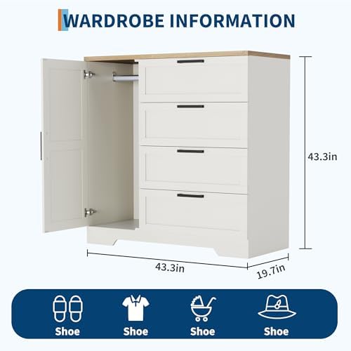 GarveeHome Wood Armoire Wardrobe Closet with 4 Drawers and Door, 43.3 in H Bedroom Wardrobe Cabinet with Hanging Rod, Clothing Storage Cabinets, 4 Drawers Dresser with Storage Closet, White