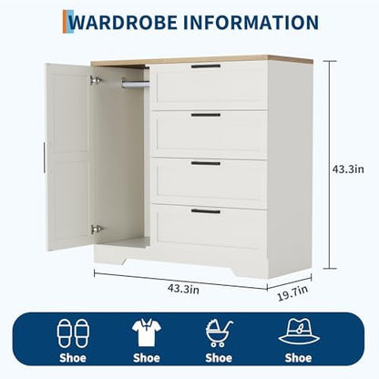 GarveeHome Wood Armoire Wardrobe Closet with 4 Drawers and Door, 43.3 in H Bedroom Wardrobe Cabinet with Hanging Rod, Clothing Storage Cabinets, 4 Drawers Dresser with Storage Closet, White