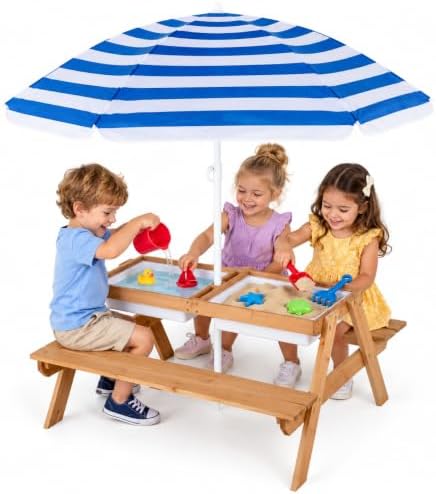HONEY JOY Kids Picnic Table, 4 in 1 Cedar Wooden Sand & Water Table w/ 3 Removable Box & Umbrella, Kids Picnic Tables for Outdoors Backyard Garden, Toddler Patio Furniture Set for Boys Girls(Navy)