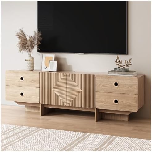 JOINICE 66" Fluted TV Stand, Boho TV Consoles for Living Room, Modern Entertainment Center with Storage, Media Console Cabinet for 75 inch TV(Oak)