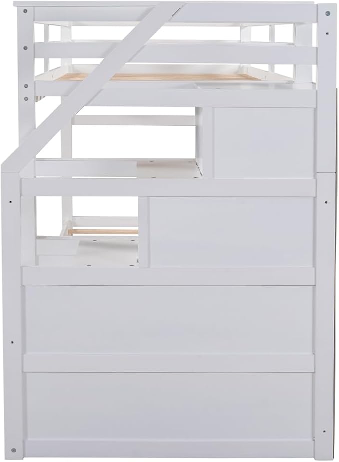 MERITLINE Twin Over Twin Bunk Beds with Trundle and Storage Box, Solid Wood Bunk Bed with Stairs and Storage Case for Teens Adults (White + Solid Wood)