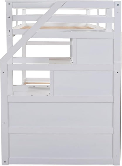 MERITLINE Twin Over Twin Bunk Beds with Trundle and Storage Box, Solid Wood Bunk Bed with Stairs and Storage Case for Teens Adults (White + Solid Wood)
