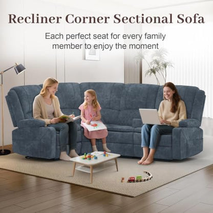 4 Seater Reclining Sofa Set, Modern Living Room Couch Set (Fabric,Blue)