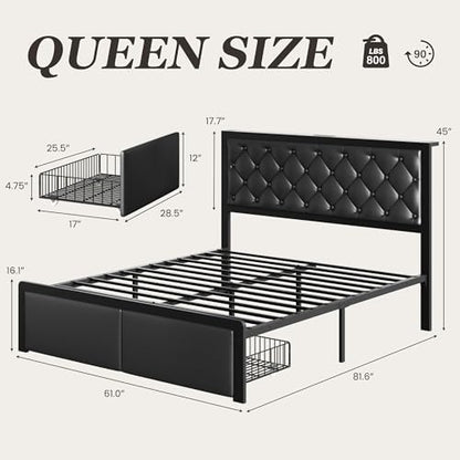 Queen Bed Frame with 2 Storage Drawers, Upholstered Headboard Button Tufted Bed Frame with Charging Station, No Box Spring Needed, Noise-Free, All Metal Structure, Black