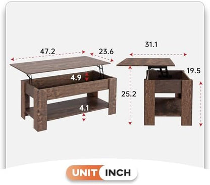 FDW | 47" Lift Top Coffee Table | Brown | with Hidden Storage