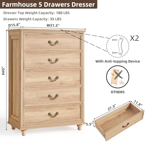 Joaxswe Farmhouse 5 Drawer Dresser for Bedroom, 45" Tall Vinatge Chests of Drawers w/ 4 Solid Gourd Feet, Mid Century Modern Boho Wood Closet Storage Dressers Organizer for Living Room, Natural Oak