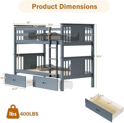 FUQARHY Solid Wood Twin-Over-Twin Bunk Bed with 2 Storage Drawers