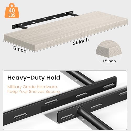 36 Inch Floating Shelves for Wall, 12 Inch Deep Shelves for Bedroom, Kitchen, Bathroom Wall Mounted, Rustic Wood Floating Shelf with Invisible Brackets for Books, Storage, Decor, Gray, 3 Pack
