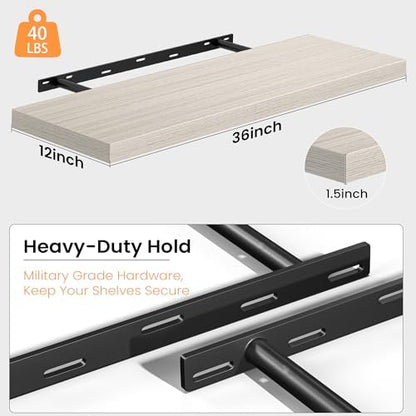 36 Inch Floating Shelves for Wall, 12 Inch Deep Shelves for Bedroom, Kitchen, Bathroom Wall Mounted, Rustic Wood Floating Shelf with Invisible Brackets for Books, Storage, Decor, Gray, 3 Pack