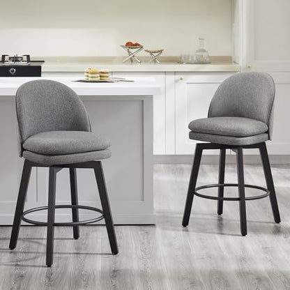 KISLOT Counter Height Barstools 26 inch Upholstered Swivel Bar Stools with Back and Wood Legs for Kitchen Island,Set of 2,Dark Grey Fabric-Armless
