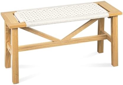 Solid Wood Narrow Bench, 33.46" Woven Bench for Entryway and Hallway, End of Bed Bench with Oak Frame, Boho Accent Bench - 500lbs Capacity (Natural Beige)