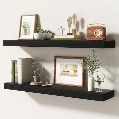 FLYJOE 32 Inch Floating Shelves, 6.5 Inch Deep Black Shelves Set of 2