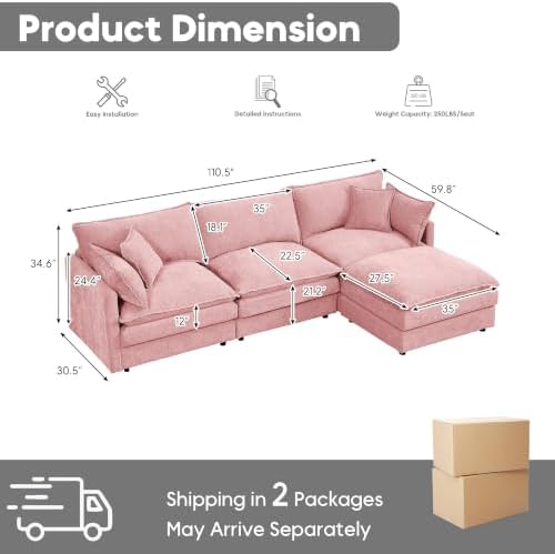 Modern 110" L Shaped Sectional Sofa Cloud Couch, Comfy Chenille Modular Sleeper Sofa, Upholstery Sofa with Ottoman & Memory Foam for Living Room, Pink