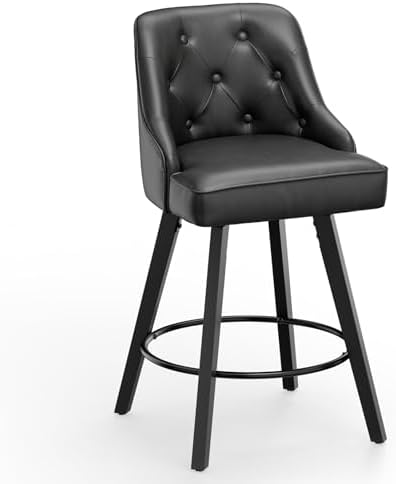 VINGLI 26" H Swivel Barstools Set of 1, PU Leather Upholstered Counter Stool with Back, Kitchen High Chairs Counter Height Bar Stools with Cushion, Solid Wood Legs, Black