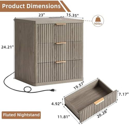 LEYAOYAO 23" Wide Fluted Farmhouse Night Stand Set of 2 with Charging Station, 3 Drawers Large End Table w/Metal Handle,Grey Nightstand Bedside Table,Wood Dresser for Bedroom, Closet