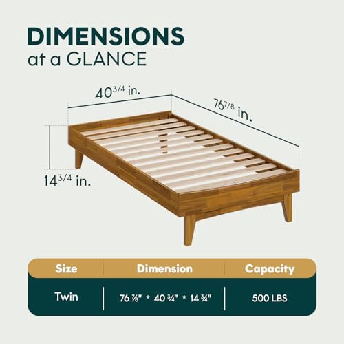 Bme Catherine Twin Platform Bed Frame, Modern Bed Frame Without Headboard, Wooden Low Profile Bed Frame, Acacia Wood Platform Bed Frame, No Box Spring Needed, Supports up to 500lbs - Teak Brown