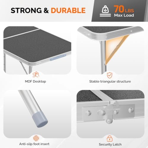 VINGLI 4FT White Folding Table with Carrying Handle Height Adjustable Lightweight Fold Up Portable for Indoor Outdoor Picnic,Camping,Hiking,Fishing,BBQ …