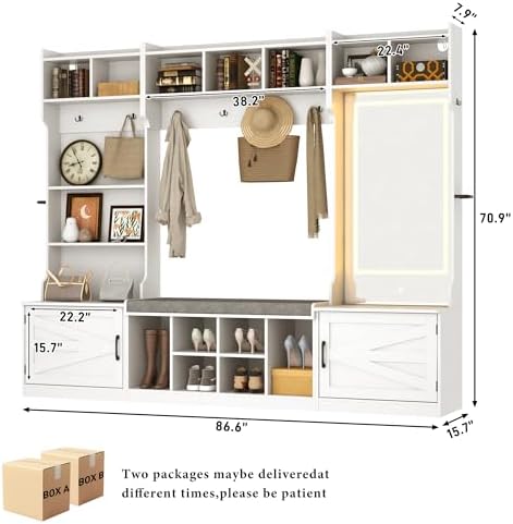 86.6''W Extra Large Farmhouse Hall Tree with Mirror Bench and Shoe Storage,Entryway Bench with Coat Rack,6 Shoe Cubbies & Umbrella Holder and Storage Cushioned Stool,Mudroom/Hallway Storages Cabinet