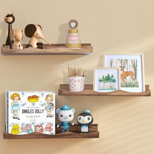 AZSKY Floating Bookshelf for Kids, Floating Shelves for Wall, Cloud Picture Ledge Shelf - Walnut, 15.7 Inches, Nursery Book Shelves Set of 3, Baby Book Shelf for Baby & Toddler Room Decor