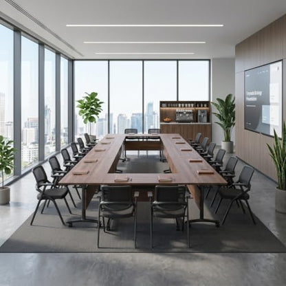 Modern Conference Table, Folding Modular Conference Room Tables with Wheels, Flip Top Mobile Training Table for 6-12 People, Foldable Rectangle Meeting Seminar Tables for Office(Walnut4,6PCS 61in)