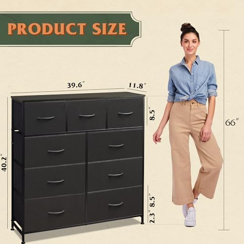WLIVE Tall Dresser for Bedroom, 9 Drawer Chest of Drawers, Charcoal Black