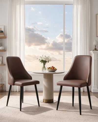 High Back Dining Chairs Set of 2, Chocolate Brown Leather Kitchen Chairs