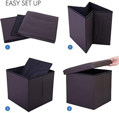 LotFancy Storage Ottoman Cube, Brown Foot Stool Ottoman,13x12x12 inch Square Ottoman with Lid, Faux Leather Seat for Dorm