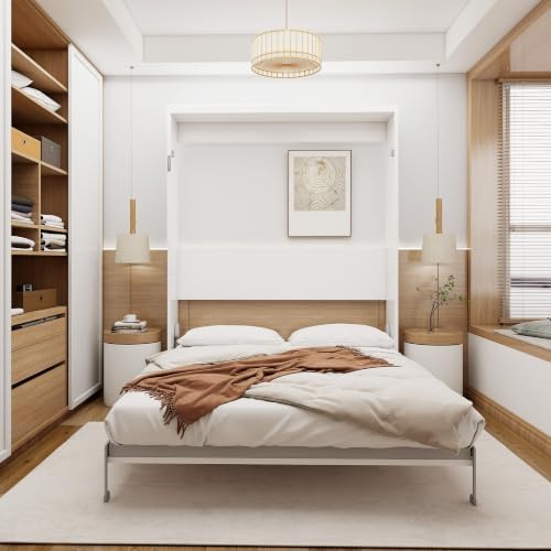 KEIKI Queen Size Vertical Cabinet Murphy Bed with Solid Slats, White
