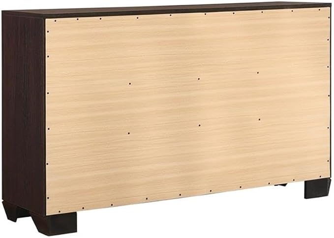 MAKLAINE 4-Piece Wood Eastern King Bedroom Set, Brown and Dark Cocoa Finish, Faux Leather Upholstered Bed, Mirror, Nightstand, Dresser, Mid-Century Modern Style Furniture for Bedroom Decor