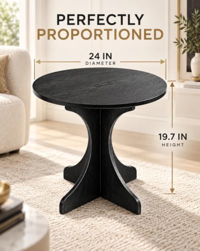 24in Black Round Side Table, Modern Accent End Table with Curved 4-Sided Tripod Base, Minimalist Large Round Side Table Easy Assembly Coffee Table for Living Room Bedroom Balcony