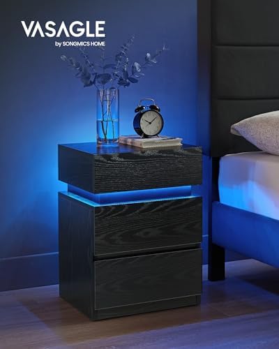 VASAGLE LED Nightstand with Charging Station, Set of 2, 3 Drawers