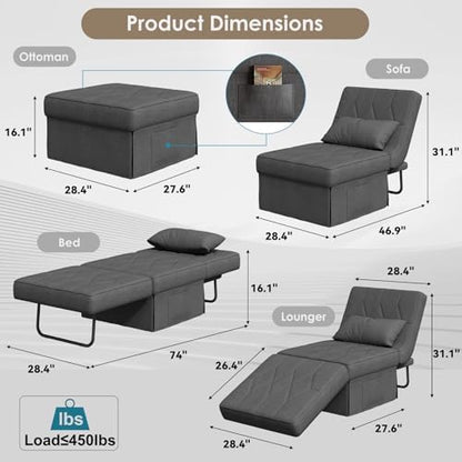 Ottoman Bed Sleeper, 28" Convertible Sleeper Chair Bed, Dark Grey