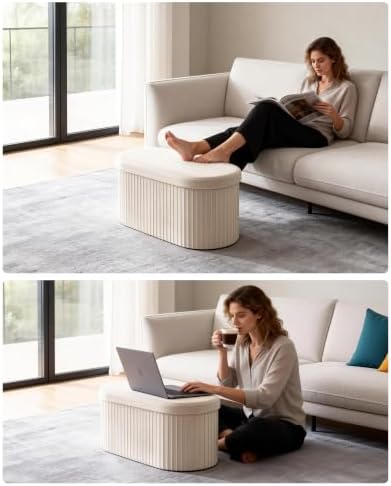 GLAXYFUR Folding Ottoman with Storage, Oval Velvet Storage Bench, Beige