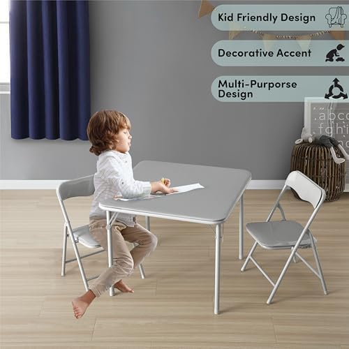 Heritage Kids Grey Kids Activity Table and Chair Set,3-Piece Furniture Set with 1 Square Table & 2 Folding Chairs, Playroom Table Set for Ages 3+