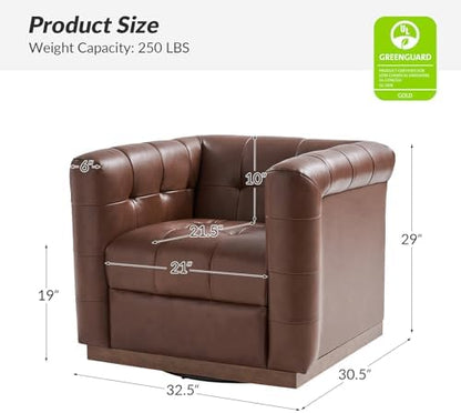 HULALA HOME Genuine Leather Swivel Accent Chairs Set of 2 with Wooden Base, Mid Century Modern Square Accent Chairs for Living Room Bedroom Club, Brown