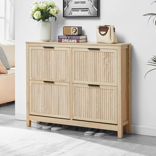 4-Flip Drawer Shoe Cabinet Narrow Entryway Rack, Oak