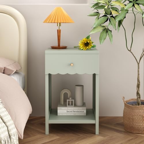 Cute Nightstand with Drawer, Scalloped Bedside Table, Sage
